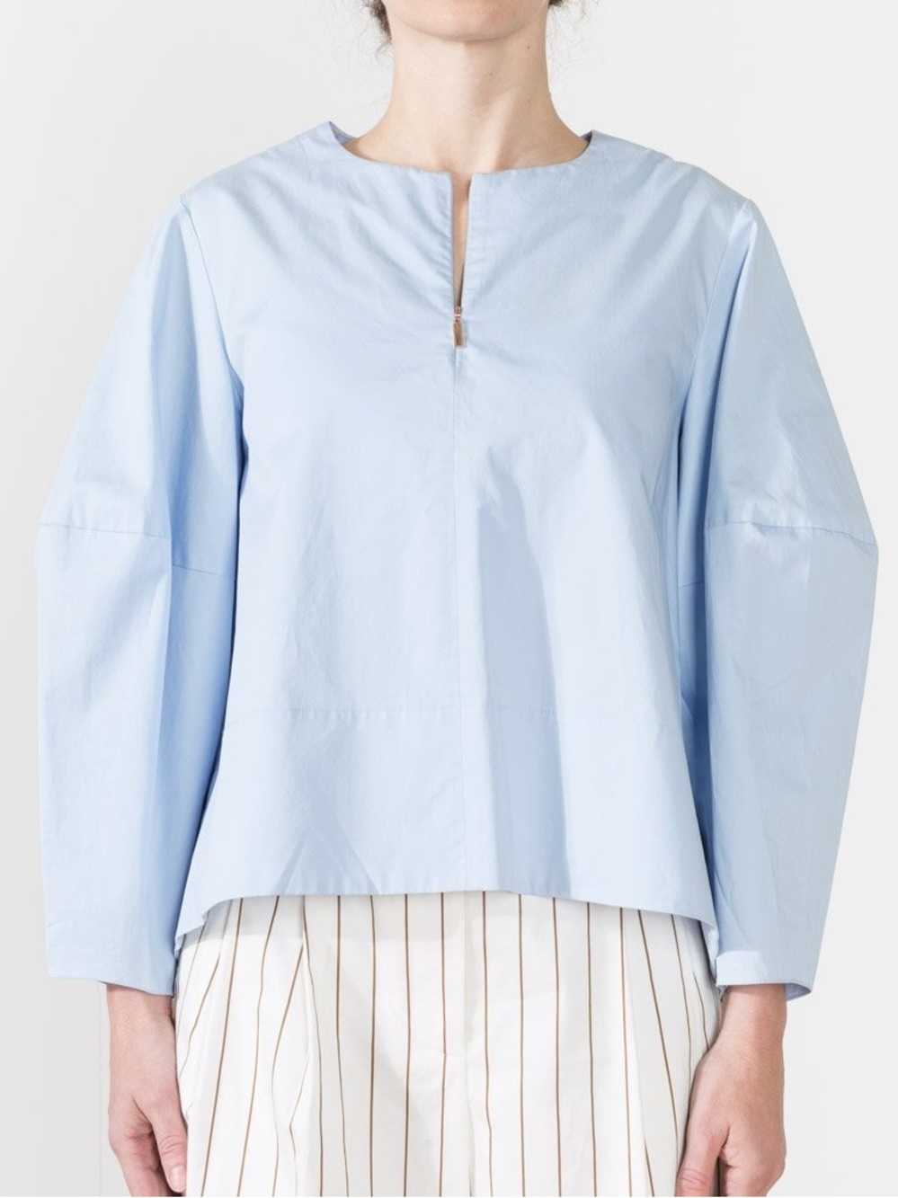 Tibi Zip Front Poplin Shirt Sculpted Balloon Sleeve Blouse Loose Fit Blue